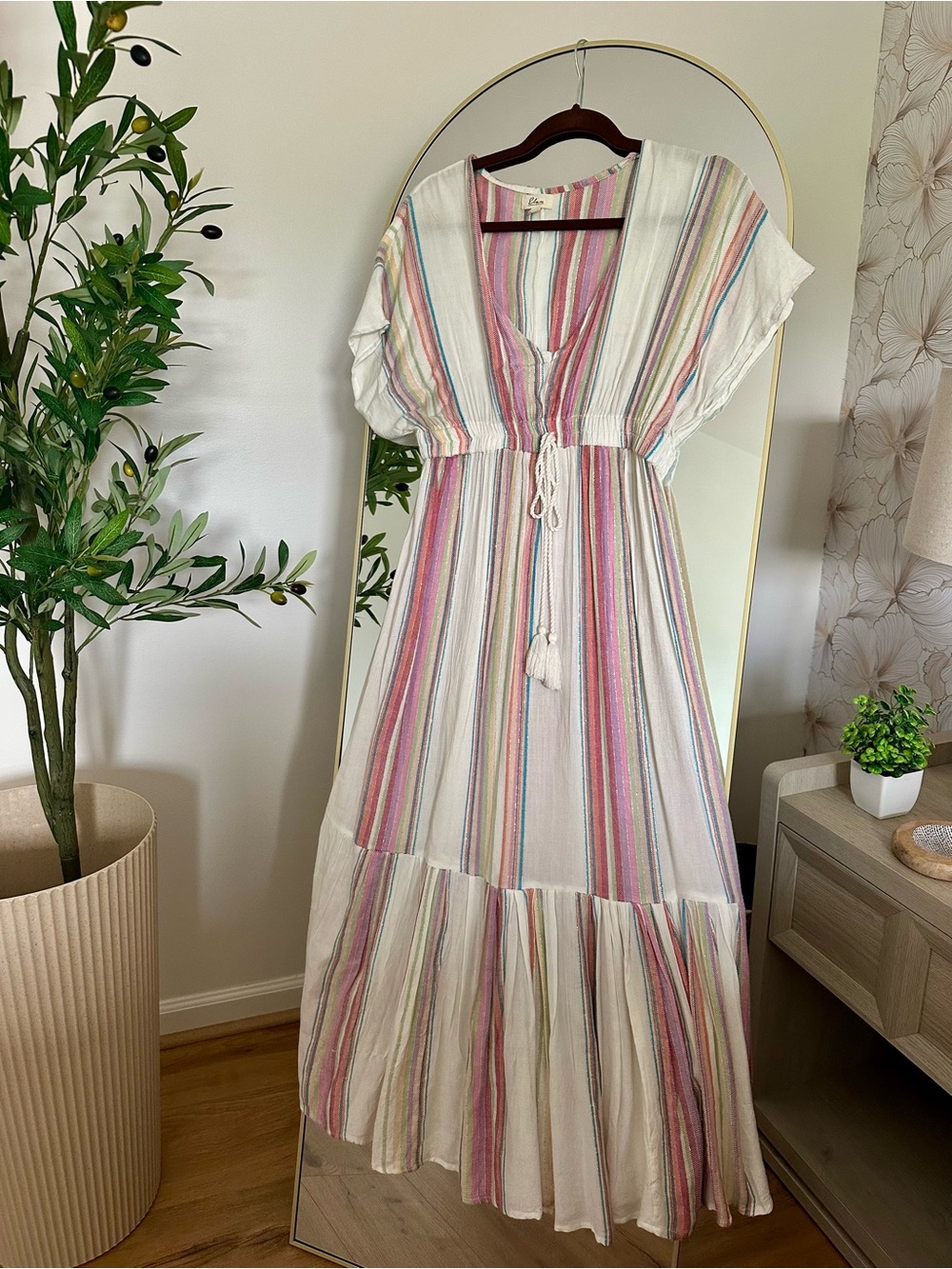 Boho Tie-Waist Stripe Maxi Dress - Pastel Multi